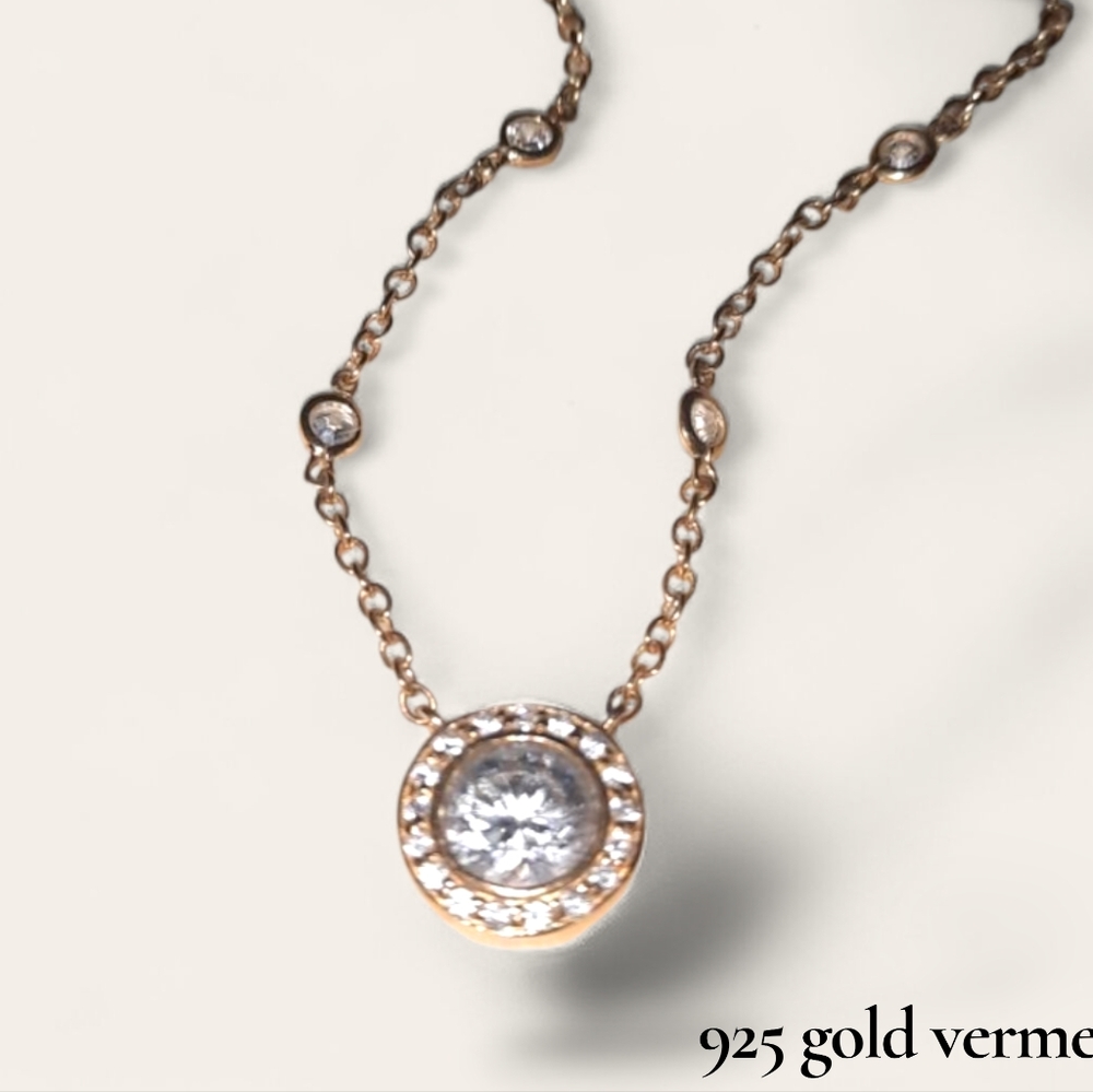 Signed 925 Gold Vermeil Sterling cz halo pendant station necklace 16in FAS